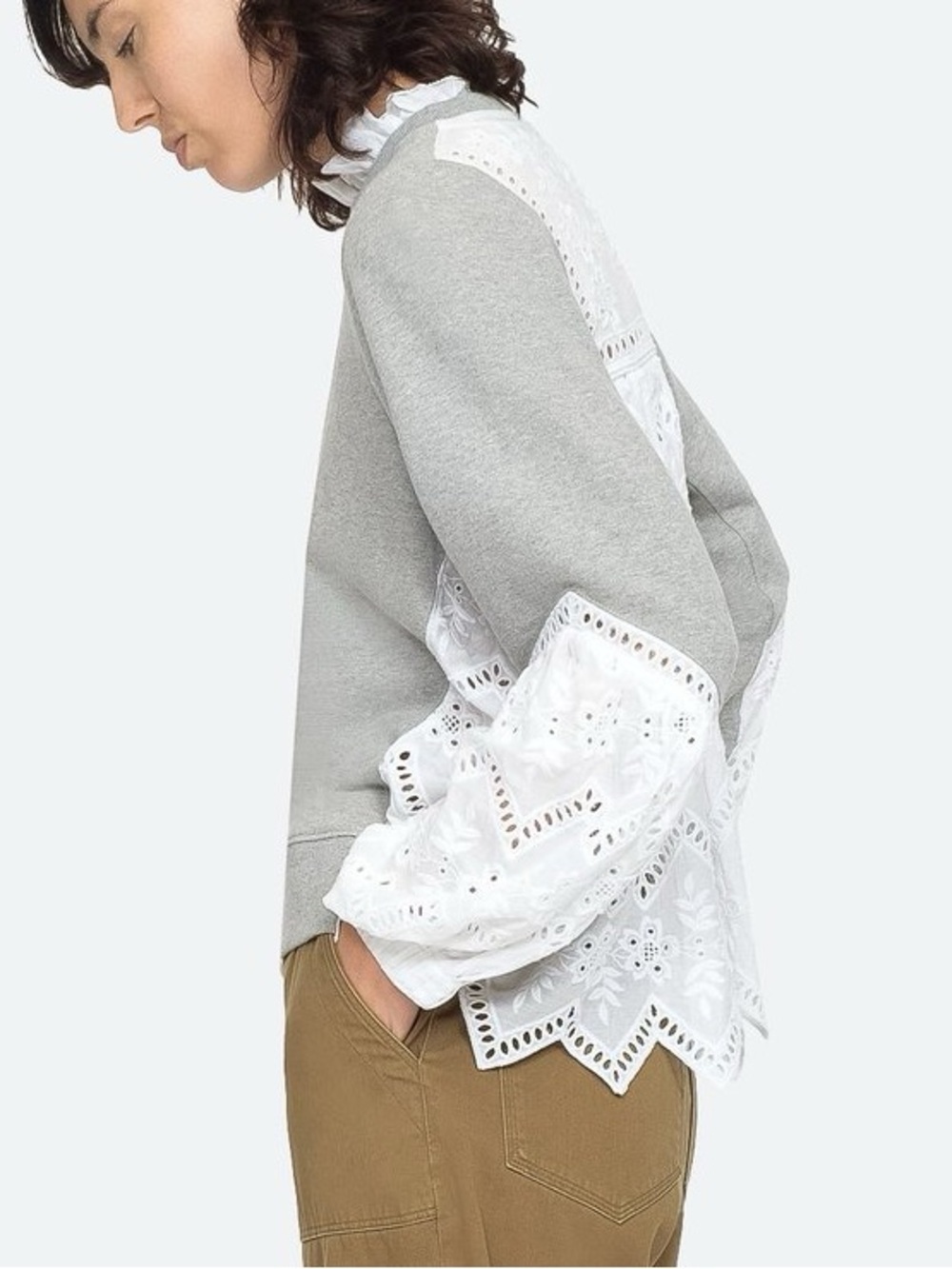 Sea New York Small Gray Eyelet Lace Ruffle Sweatshirt Romantic Boho